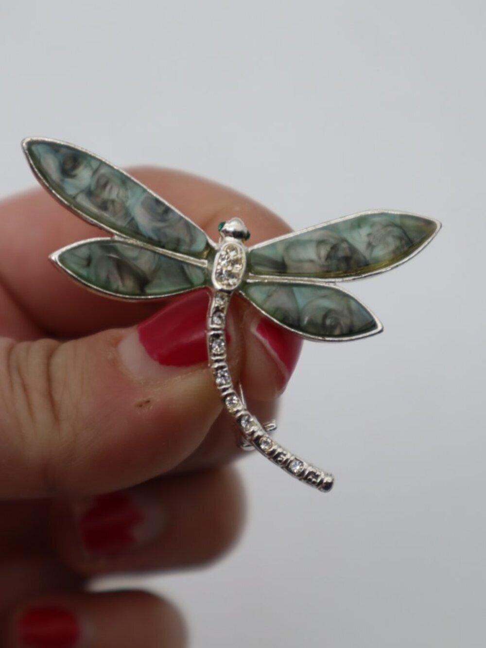 Vtg Dragonfly Insect Brooch Pin Silver Tone w/ Abalone & Crystal Details 2"H